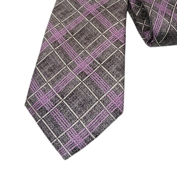 Joseph Abboud Silk Tie Men’s 61.5” Gray Purple Plaid Preppy Romantic Classic New - Picture 1 of 3